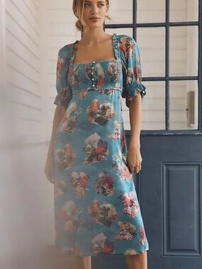 Anthropologie puff sleeve smocked midi dress size Small